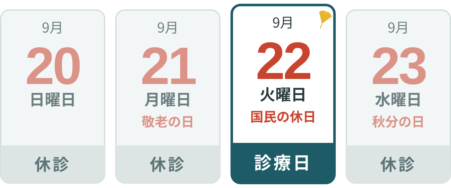 9月20日(日)休診、9月21日(月・敬老の日)休診、9月22日(火・国民の休日)診療日、9月23日(水・秋分の日)休診